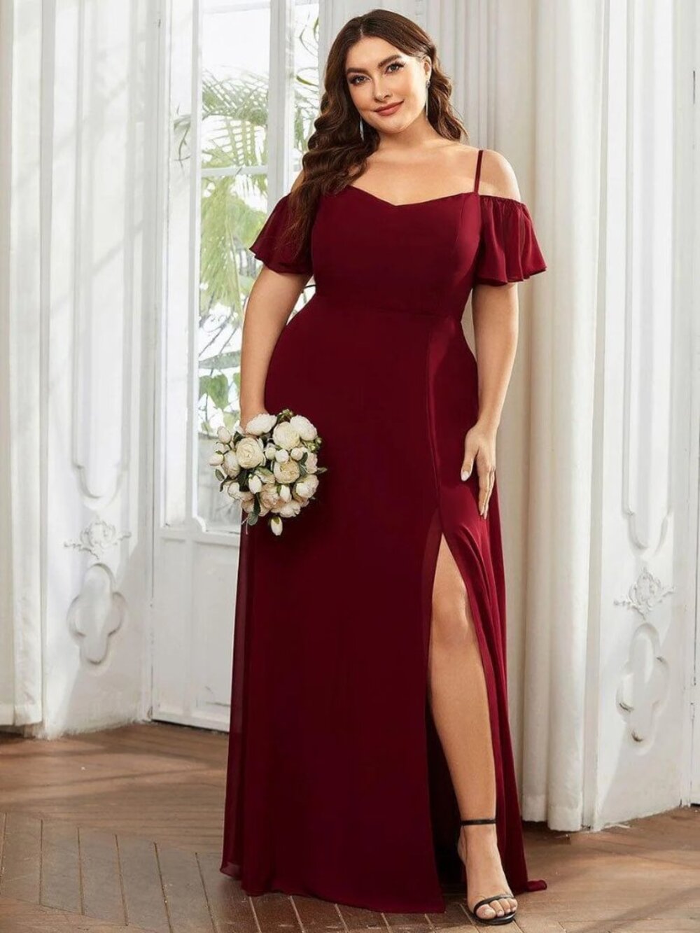 NWT Ever Pretty Burgundy Cold Shoulder Dress with Side Slit